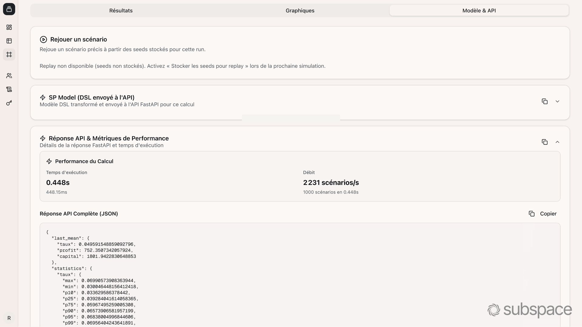 Onglet Modèle et API : performance du calcul et extrait de la réponse JSON renvoyée par l’API.